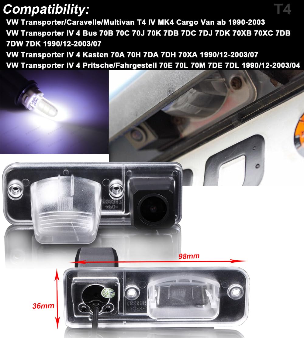 Con lampadina T10 LED, per auto HD, visione notturna, visione posteriore, telecamera di parcheggio, telecamera a colori, impermeabile, ricambio per VW T4 Multivan Transporter Caravelle Business