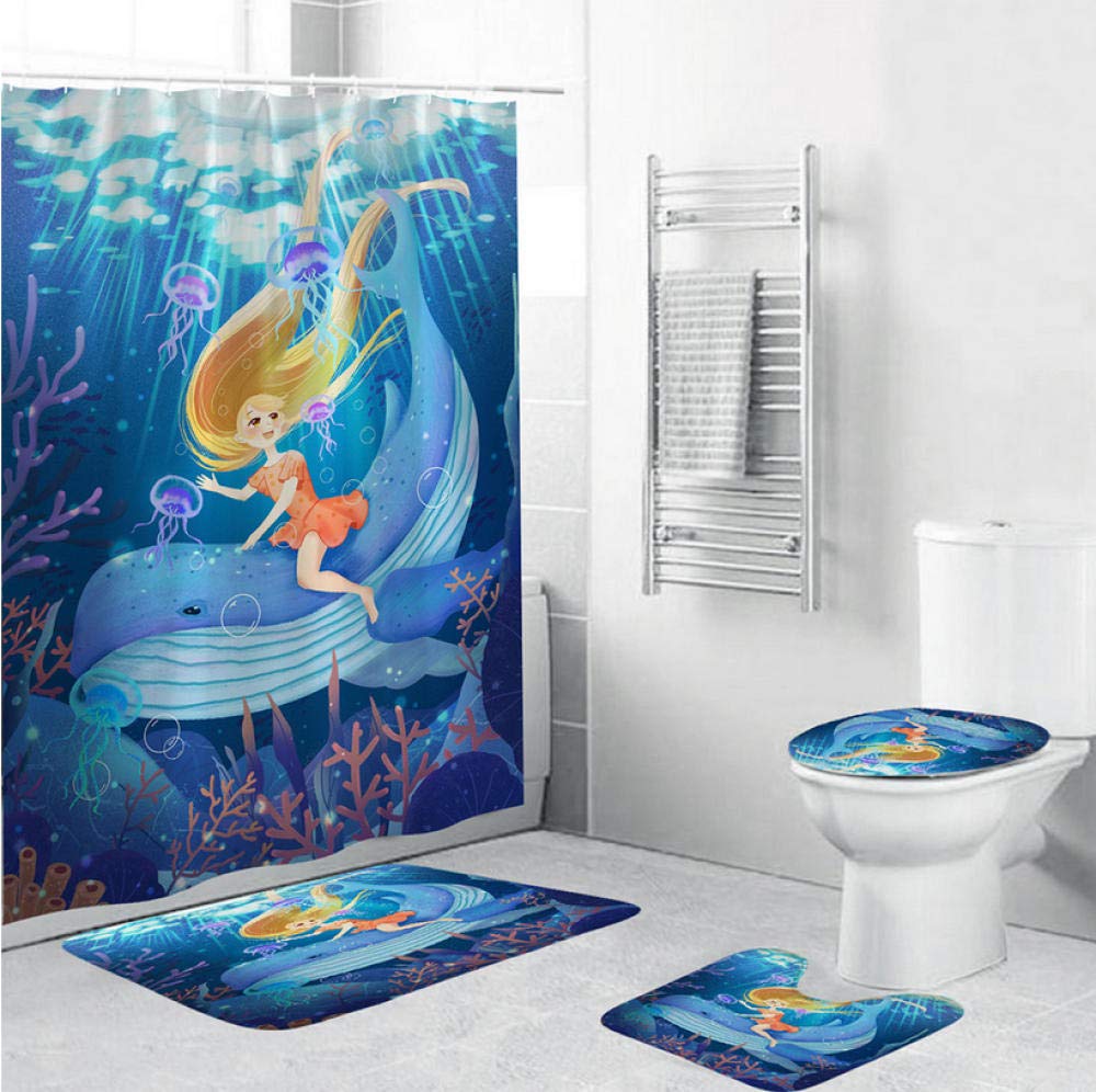 DHYWGS Blue ocean world Shower Curtains set 4PCS Non Slip Cute dolphin Toilet Polyester Cover Mat Set Bathroom Shower Curtains waterproof-180cm+45cm*75cmd