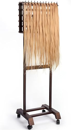 Yumkfoi 144 clavijas para trenzar soporte para extensión de cabello de pie soporte de pelo de madera con 4 ruedas y 2 estantes de almacenamiento