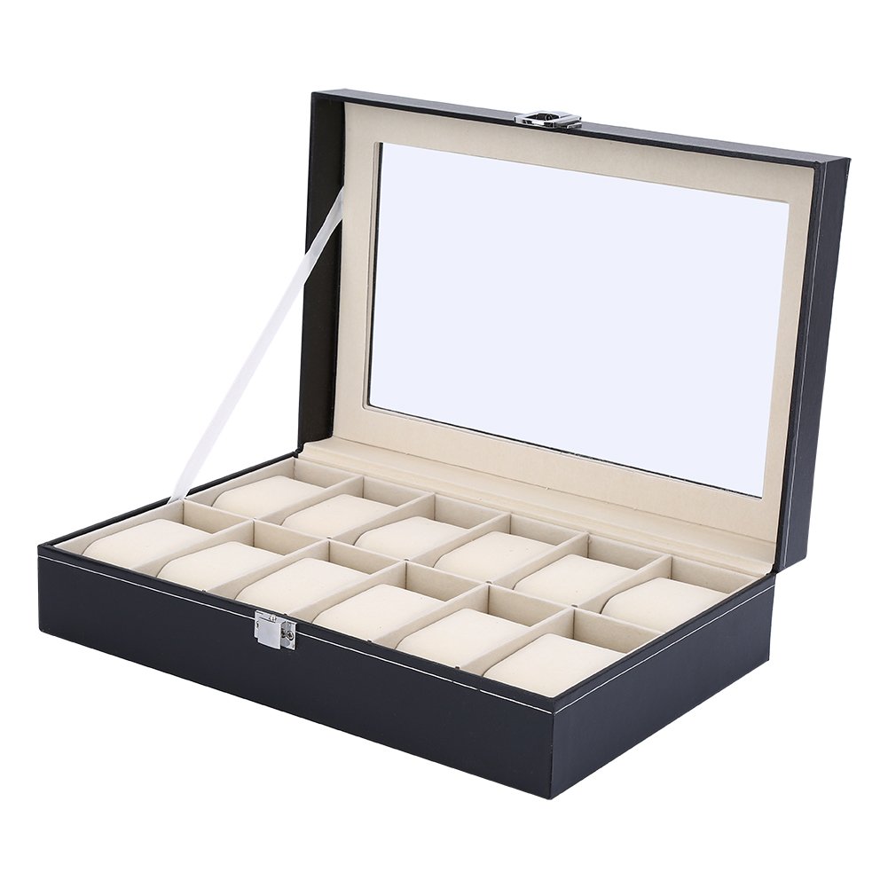 Caja de reloj de 12 ranuras con tapa de vidrio grande y almohadas de reloj extraíbles, organizador de relojes para hombres y mujeres