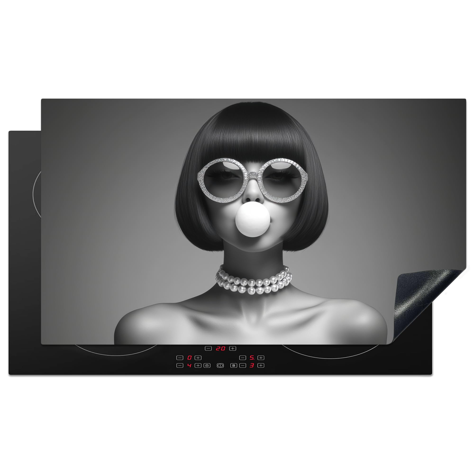 KitchenYeah© Protector Vitroceramica 90x52 cm Tapa para induccion Placa Encimera Cubre de Protectora Cocina Mujer - Blanco y Negro - Collar - Gafas de Sol
