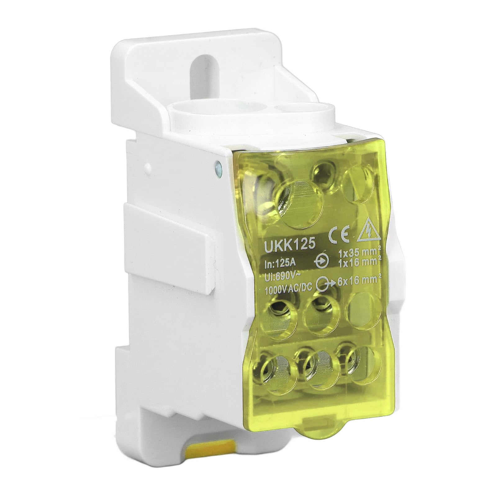 Junction Box, DIN Rail Distribution Box Universal Electric Terminal Block Power Wire Connector Junction Box 690V 125A (Yellow)