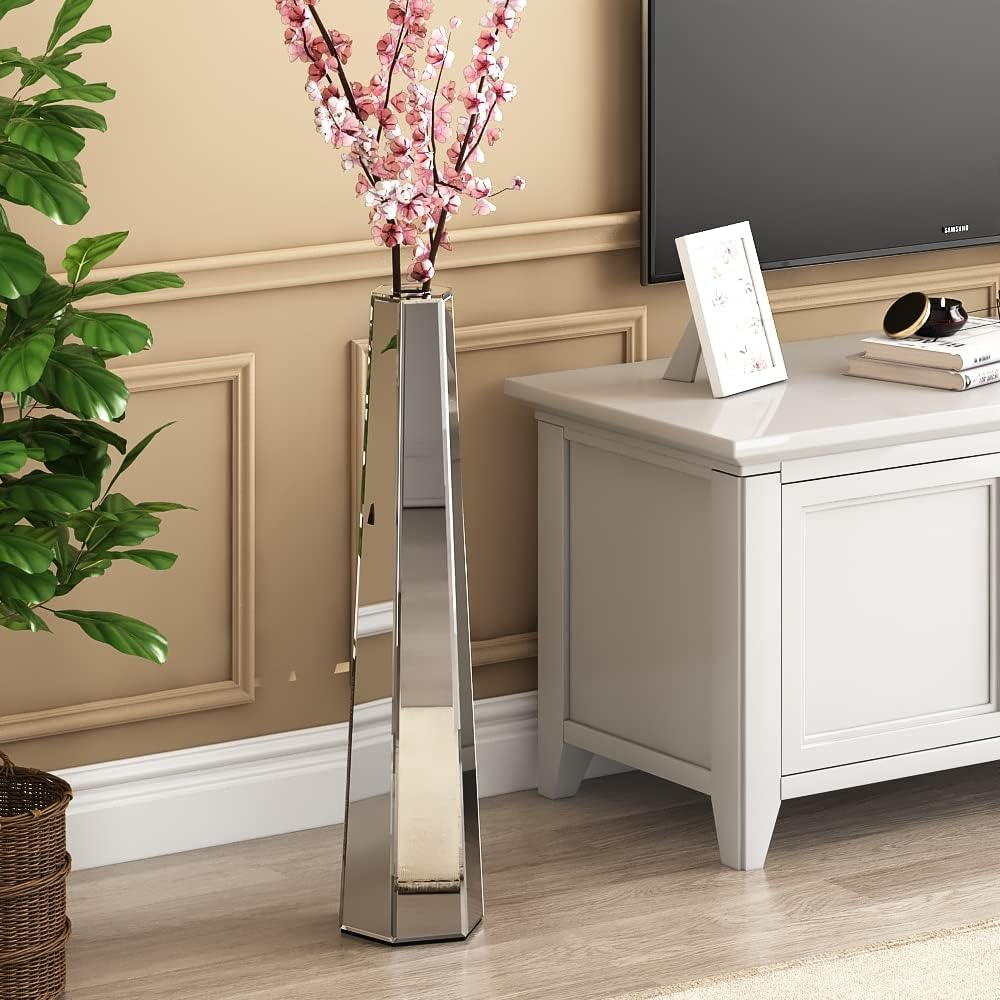 SHYFOY 30 inch Tall Mirror Floor Vase, Silver Large Vases for Decor Living Room Floor, Sophisticated Vessel for Decorative Branches and Dried Flowers