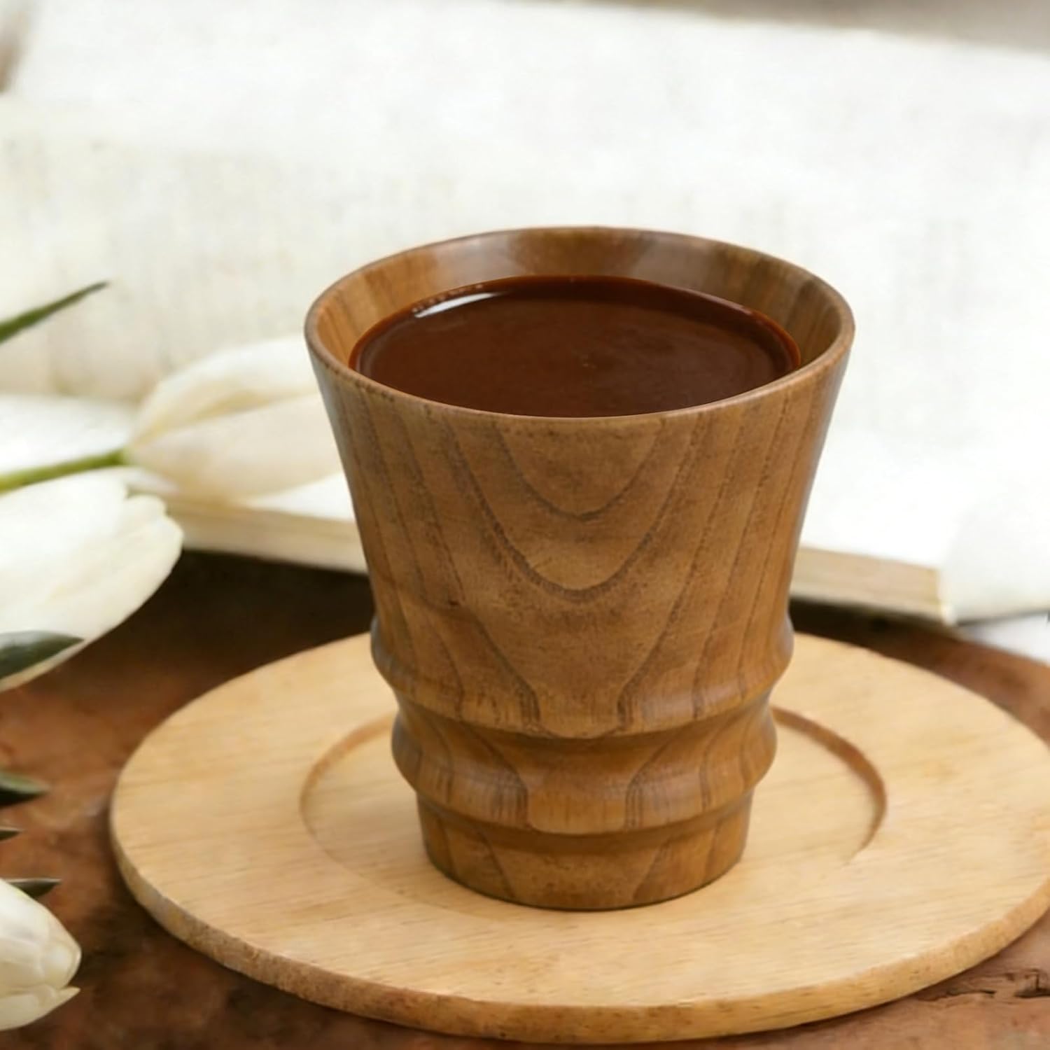 Koqye 2‑Pack Handmade Wooden Tea Cups, Portable Wood Mugs