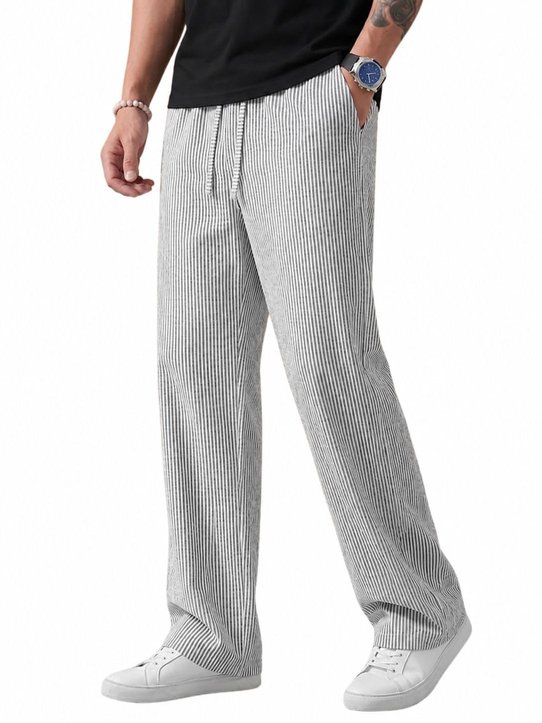 THE FEBZA Men's Casual Striped Trouser | Relaxed Fit Drawstring Pants for Men | Elastic Waist Straight Fit Lounge Trousers | Lightweight Summer Cotton Bottoms | Comfortable (1722_BK_34) Black