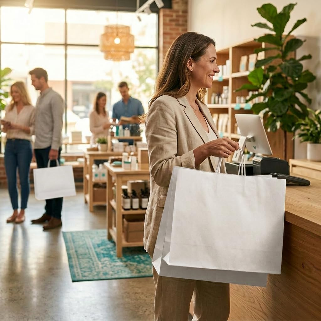 Commerline 100 Stück Weiß Papiertüten mit Henkel, 45+17x48 cm Kraftpapier Tüten mit Kordelgriff, Papiertragetaschen für Einkaufen und Verpackung, Geschenktüten Kindergeburtstag, Partys, DIY