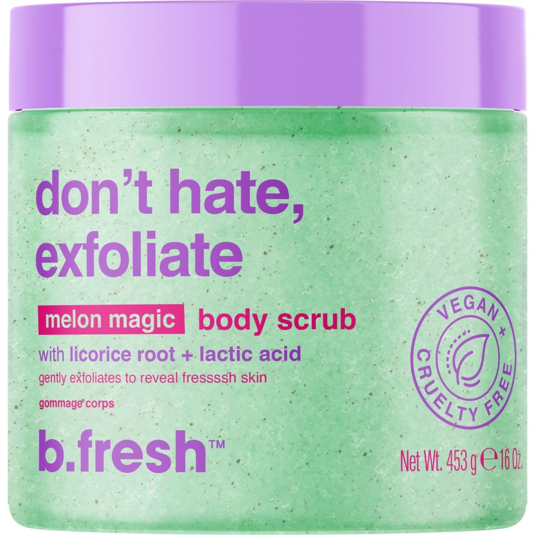 b.fresh Exfoliating Body Scrub | Don't Hate, Exfoliate Soothing Body Polish For Women & Men - Sugar Scrub Enhanced With Hydrating Lactic Acid + Licorice Root, Magic Melon Scent