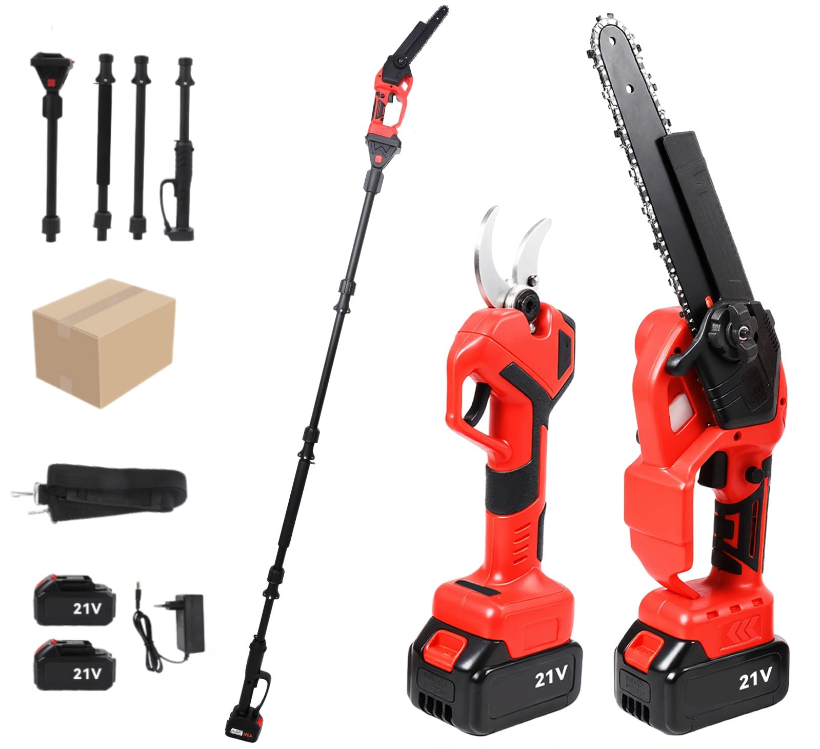 8 Inch Telescopic Chainsaw & 40mm Electric Pruning Shears, 4 in 1 Garden Tools with 2 Batteries, Angle Adjustable to 180°, Working Height Up to 4.5 Meters.