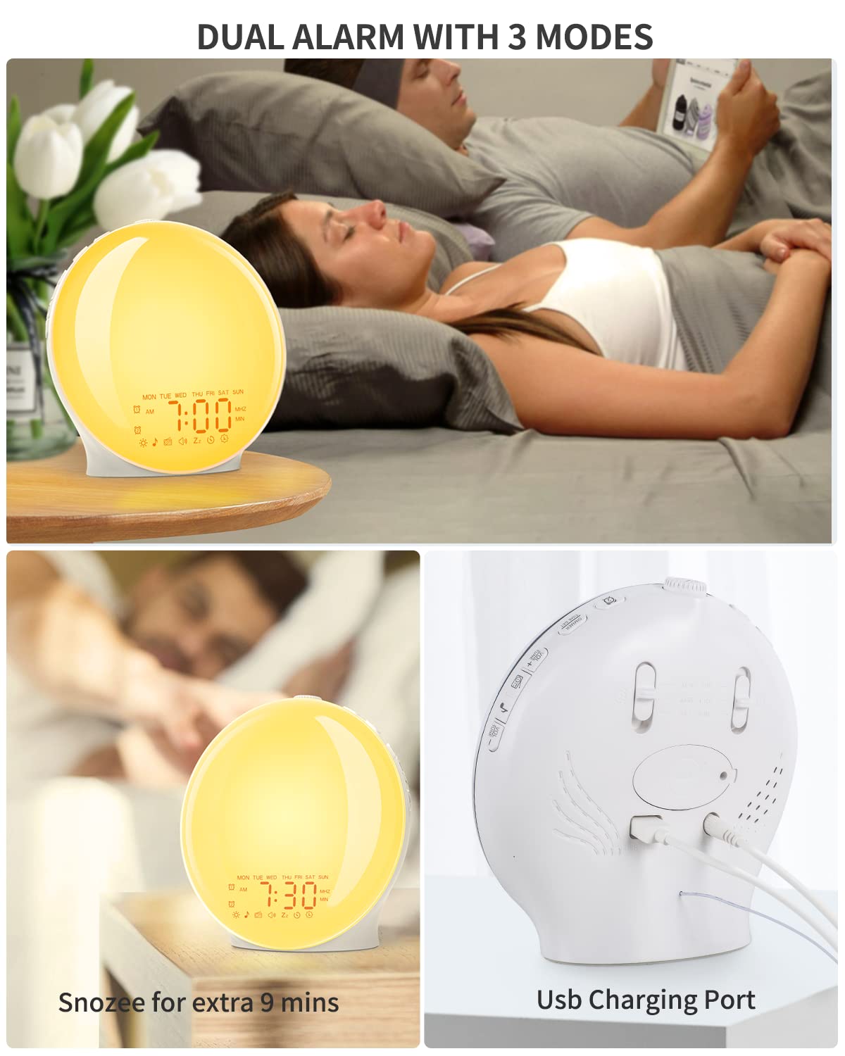 Réveil Lumineux, Simulateur d'Aube Grand Écran, Lampe de Chevet Veilleuse | 14 Couleurs, 20 Niveaux de Luminosité, Double Alarme, 8 Sons Naturels, Radio FM, Snooze, Port USB pour Enfant Adulte