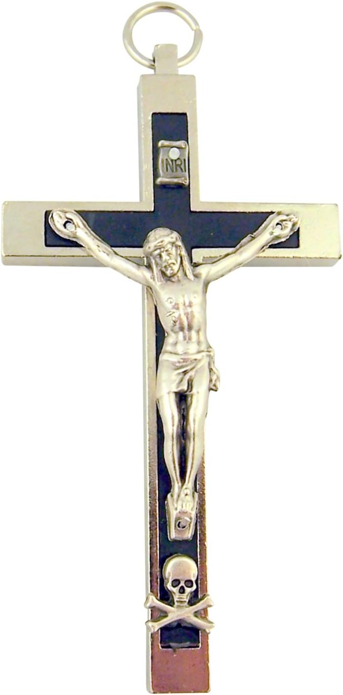 Religious Art Silver Tone Black Enamel Pectoral Crucifix with Skull Bones 3 1/2 Inch