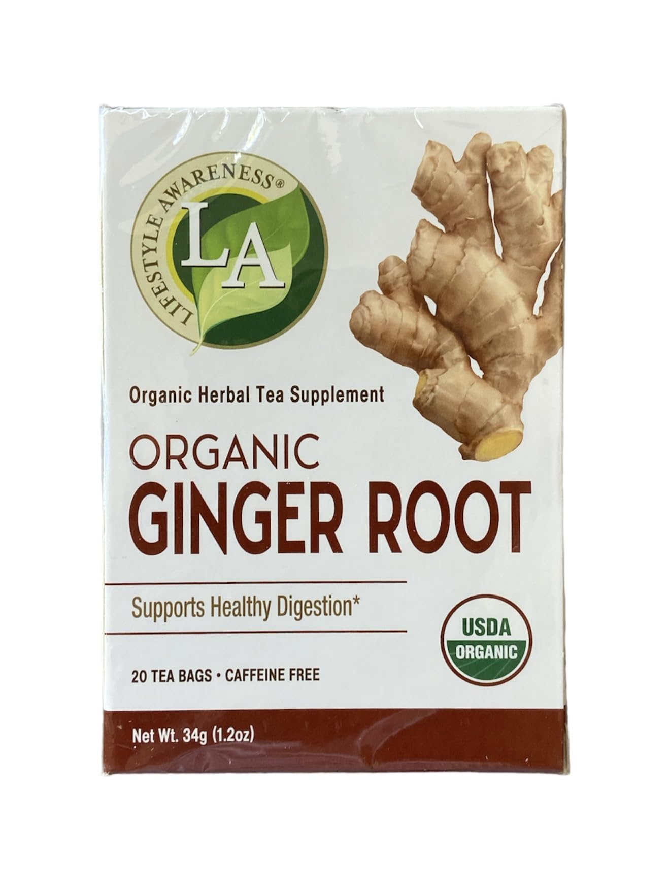 Lifestyle Awareness Teas, Caffeine Free Organic Ginger Root Tea, 20 Count (Pack of 1)USDA Organic