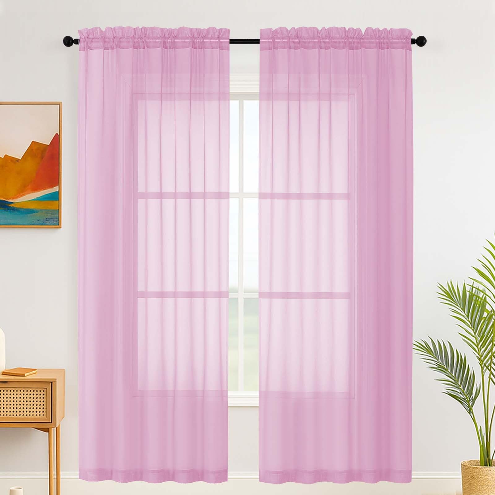 Simplebrand Pink Sheer Curtains for Living Room 220 cm Length Panels Set - Light Filtering, Rod Pocket Window Home Voile Curtains & Drapes for Bedroom, Elegant Drapes (Pink, 150cm W x 220cm L) โ image 1