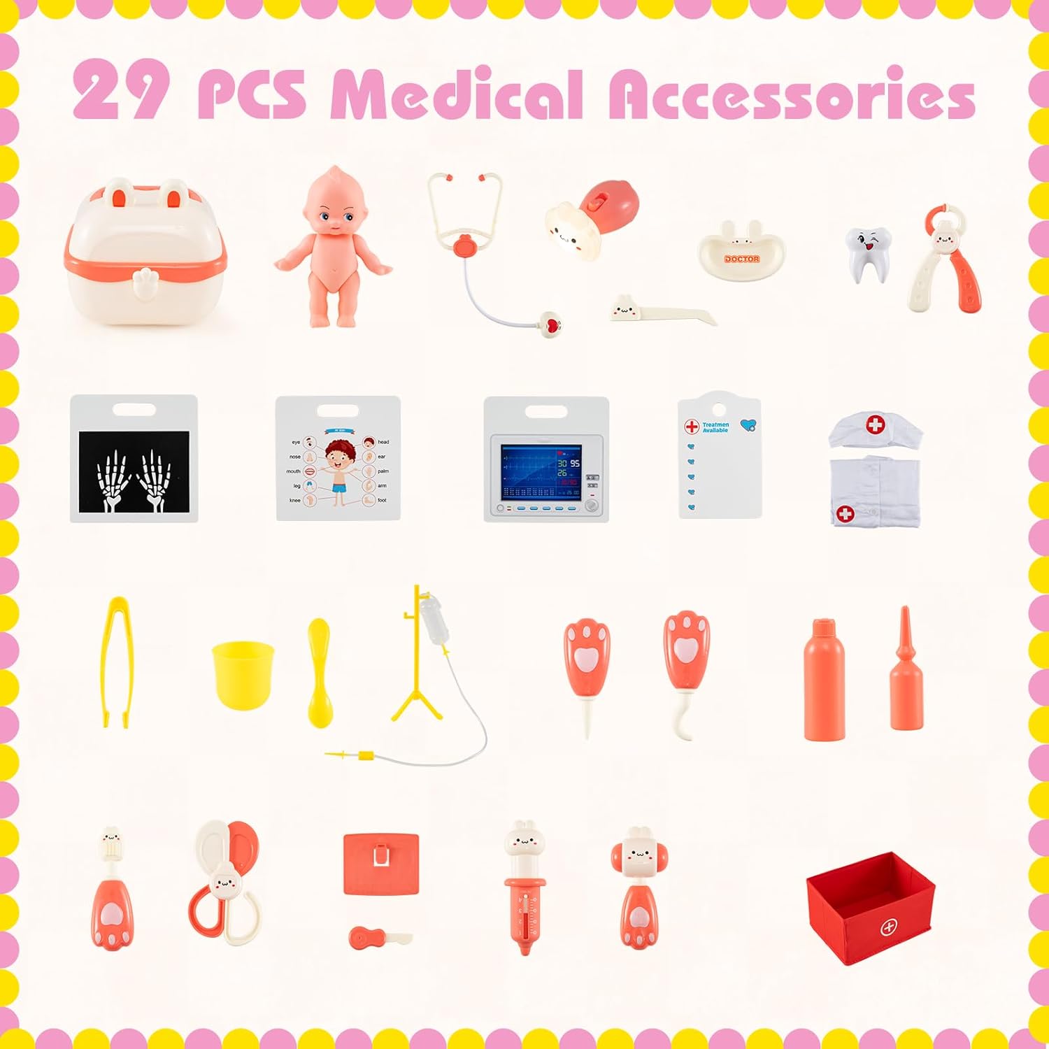 Costzon Kids Wooden Doctor Playset, Medical Activity Center w/ 29 Accessories, Examine Region, X-Ray Film, ECG Monitor, Eye Chart, Faucet & Height Measurer, Pretend Hospital & Vet Playset (Pink)