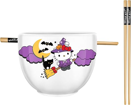 Silver Buffalo Sanrio Hello Kitty Witch - Juego de tazón de cerámica y palillos de 20 onzas