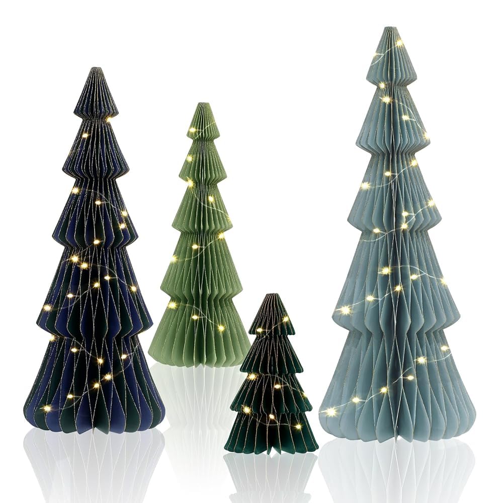 4 Pcs Paper Christmas Trees Decorations LED Light String Honeycomb Foldable Christmas Tree 3D Xmas Tree Table Top for Holiday Party Decor