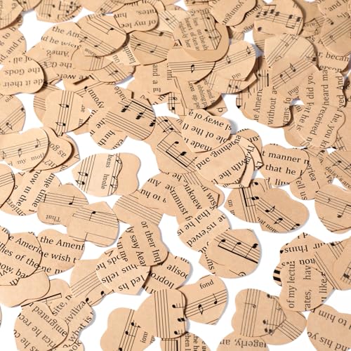 Image of Marspark 1200 Pcs Book Page Heart Confetti 1 Inch Vintage Newspaper Wedding Table Confetti Novelty Party Decorations for Book Themed Party Birthday Photo Prop Bridal (English, Music, Khaki)