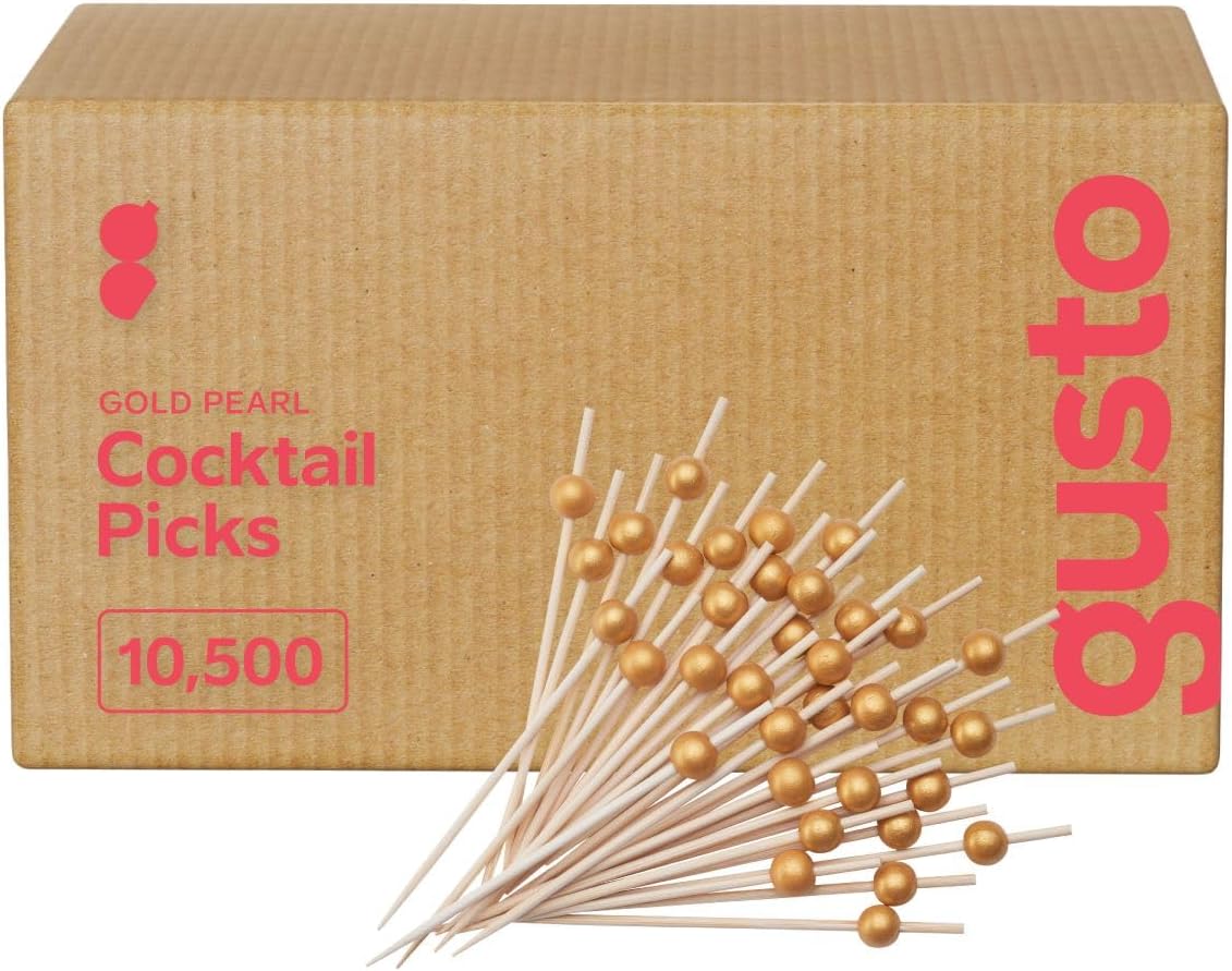 Comfy Package [Case of 10,500] Cocktail Skewers & Food Toothpicks - 4.7 Inch Wooden Fancy Toothpicks for Appetizers & Cocktail Picks for Drinks - Gold Pearl Toothpicks