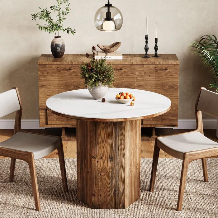 Round Dining Table 80 cm CORE – Sintered Stone Tabletop & Rustic Brown Solid Wood Pedestal Base – Bistro/Loft Style for Home, Apartment & Restaurant – Easy to Clean & Install