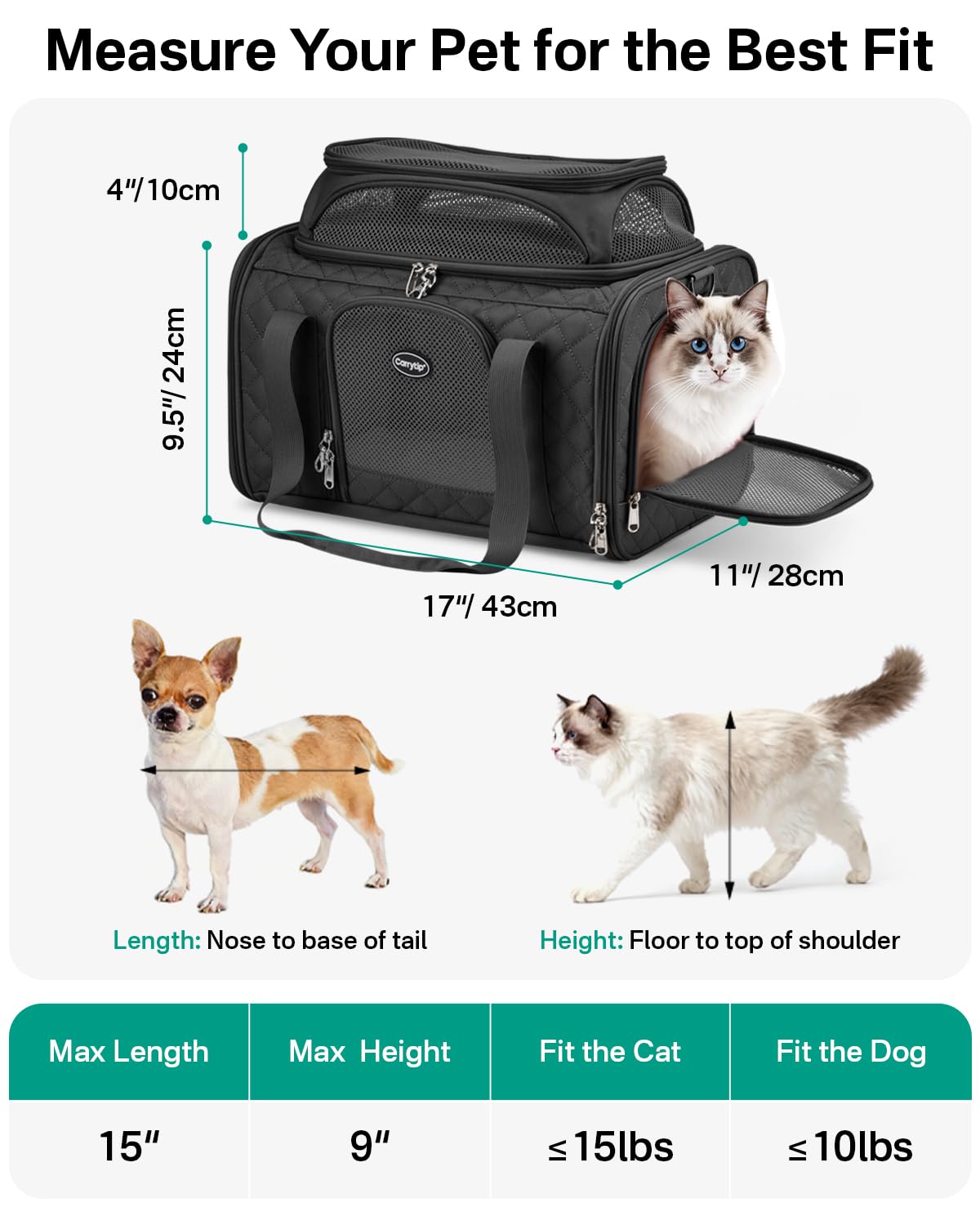 CarryTip Cat Carrier Airline Approved 17x11x9.5 Inches, Top Expandable Soft Sided Pet Travel Carrier for Cats & Small Dogs, Fits Under Airline Seat with Locking Zippers, Black - image 2