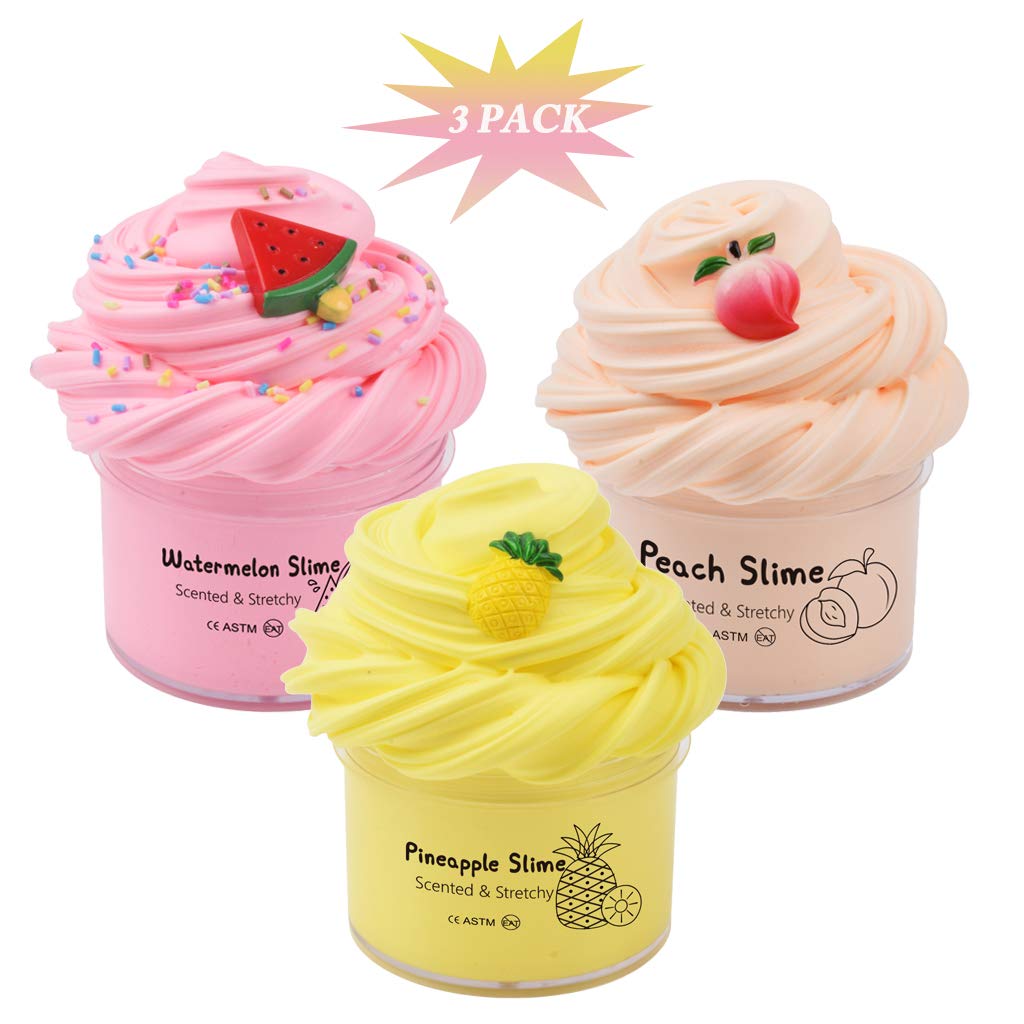 Premium Butter Slime Kit with 3 Pack Slime ,Pink Watermelon Slime,Yellow Pineapple Slime and Peach Slime,Scented Slimes Stress Relief Sludge Toys for Kids Girls Boys Birthday Gifts DIY Toys