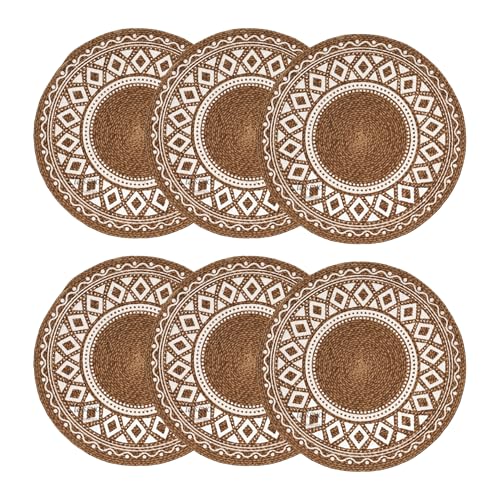 Image of Classyo Cotton Dining Table Placemats, 15 inch | Washable Round Dining Table Mat | Coasters for Dining Table for Hot Pots, Plates and Pans | Placemats for Dining Table Set of 6, (Brown Design)