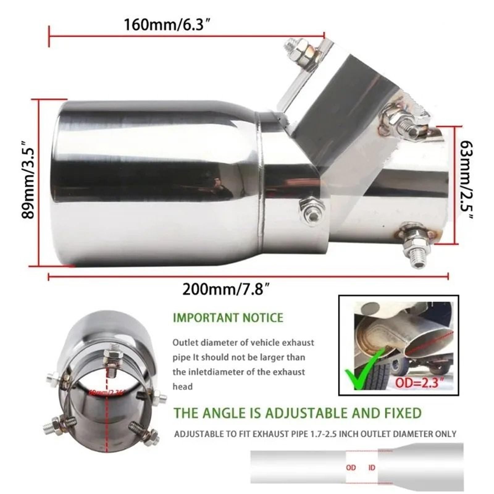 Car Silencer Dla 63mm/3.5 "89mm końcówka rury wydechowej ze stali nierdzewnej regulowana uniwersalna pasuje do samochodu SUV pojedyncza walcowana krawędź z