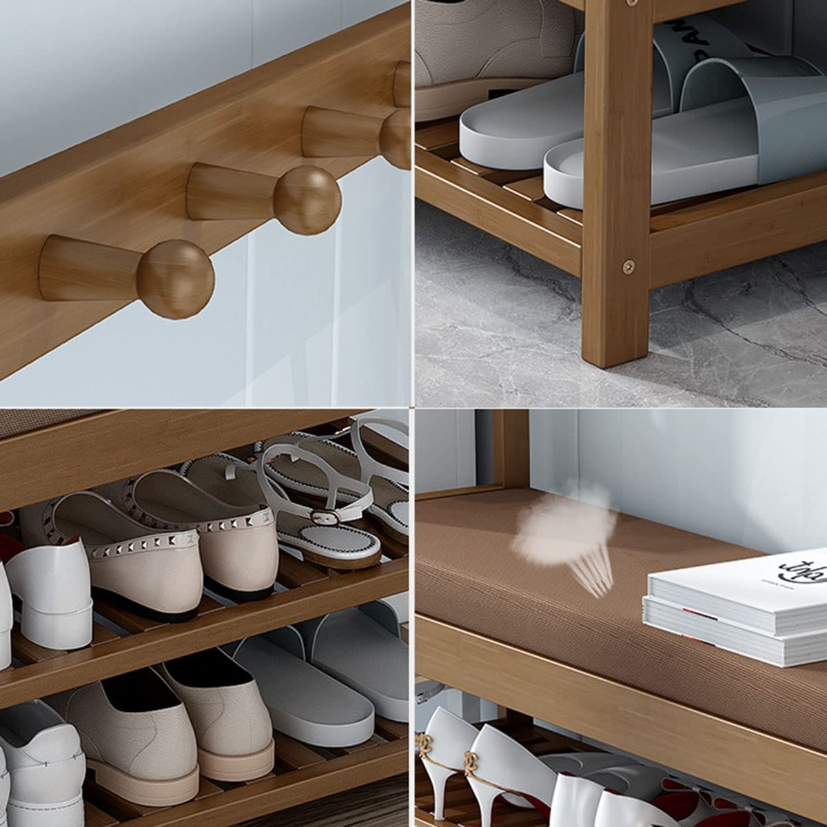 Garderobenständer aus Bambus, Bank mit Schuhablage, 3-in-1-Design für Garderobenständer, Kleiderbügel und Bank, Kombination, 50 cm Größe