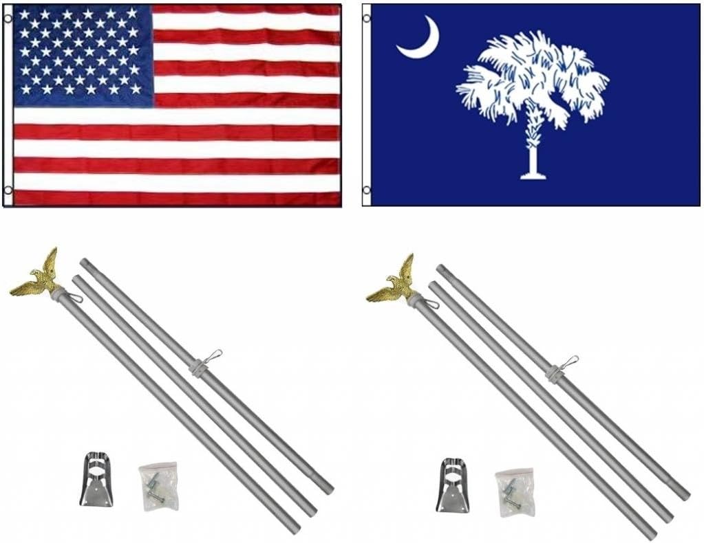 3'x5' SOUTH CAROLINA & AMERICAN US Flags & 2 Aluminum POLE KITS