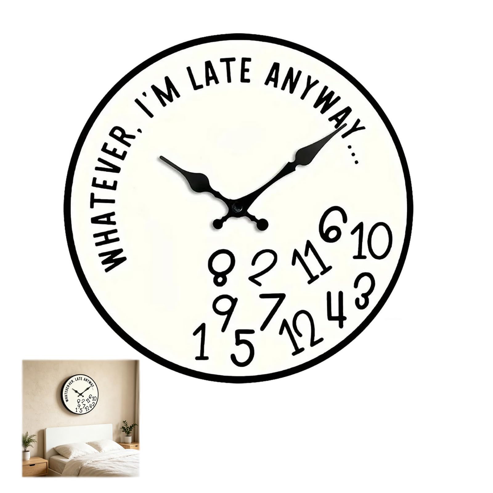 Guuzetu 25*25Cm Whatever I'm Late Anyway Wall Clock - Funny Sarcastic 12 Inch Silent Non-Ticking Wooden Clock With Scattered Numbers, Humorous Procrastinator Gift For Home Office Kitchen Decor (25 * 25Cm)