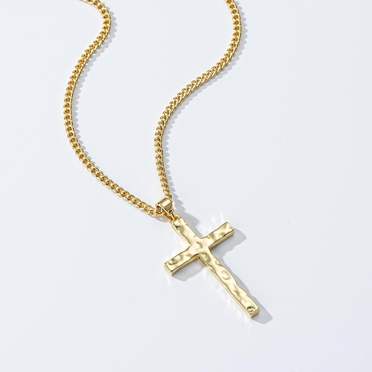 Cross Necklace for Men Boys - Hammered Cross Pendant with Cuban Chain Unique Crucifix Necklaces Christmas Christian Religious Jewelry Gifts 22+2 Inches - Image 2