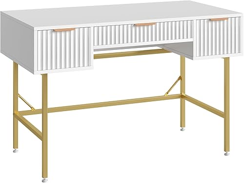 Miniatura 8 de Bestier Escritorio de computadora acanalado de 47.6 pulgadas con cajones para oficina en casa, escritorio de tocador blanco y dorado, escritorio de