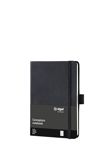 Sigel CO131 Notizbuch A6 kariert schwarz, Hardcover, 194 nummerierte Seiten, nachhaltiges Papier, mit Inhaltsverzeichnis, Stiftschlaufe, Falttasche, Gummibandverschluss, Conceptum