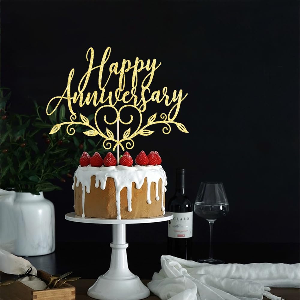 Glitter Happy Anniversary Cake Topper,Wedding Anniversary Cake Toppers, Happy Anniversary Party Decorating supplies (gold)