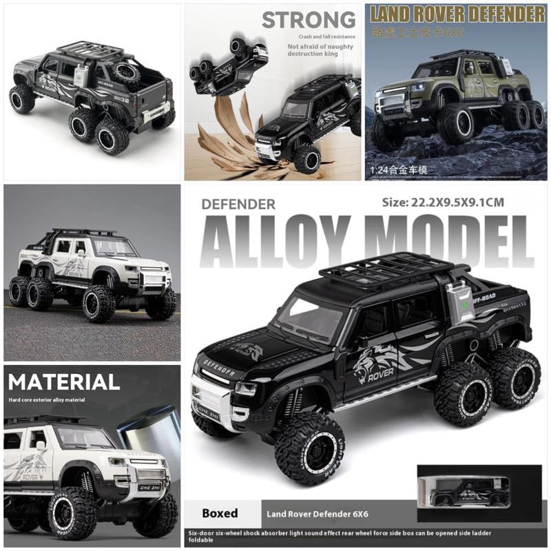 Image of 1:24 Scale Big Land Rover Defender Six Wheels Off-Road Pickup Toy Car | Metal Pullback Diecast Car for Kids with Openable Doors, Sound, Light Effects Toy (Color As Per Available)