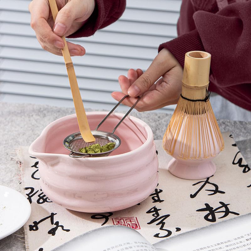 Meshverse Premium Japanese 5-Piece Matcha Tea Ritual Set with Ceramic Bowl, Bamboo Whisk, Whisk Holder, Bamboo Scoop & Sifter, Traditional Tea Set, Gift for Matcha Lovers - Pearl Cotton Color