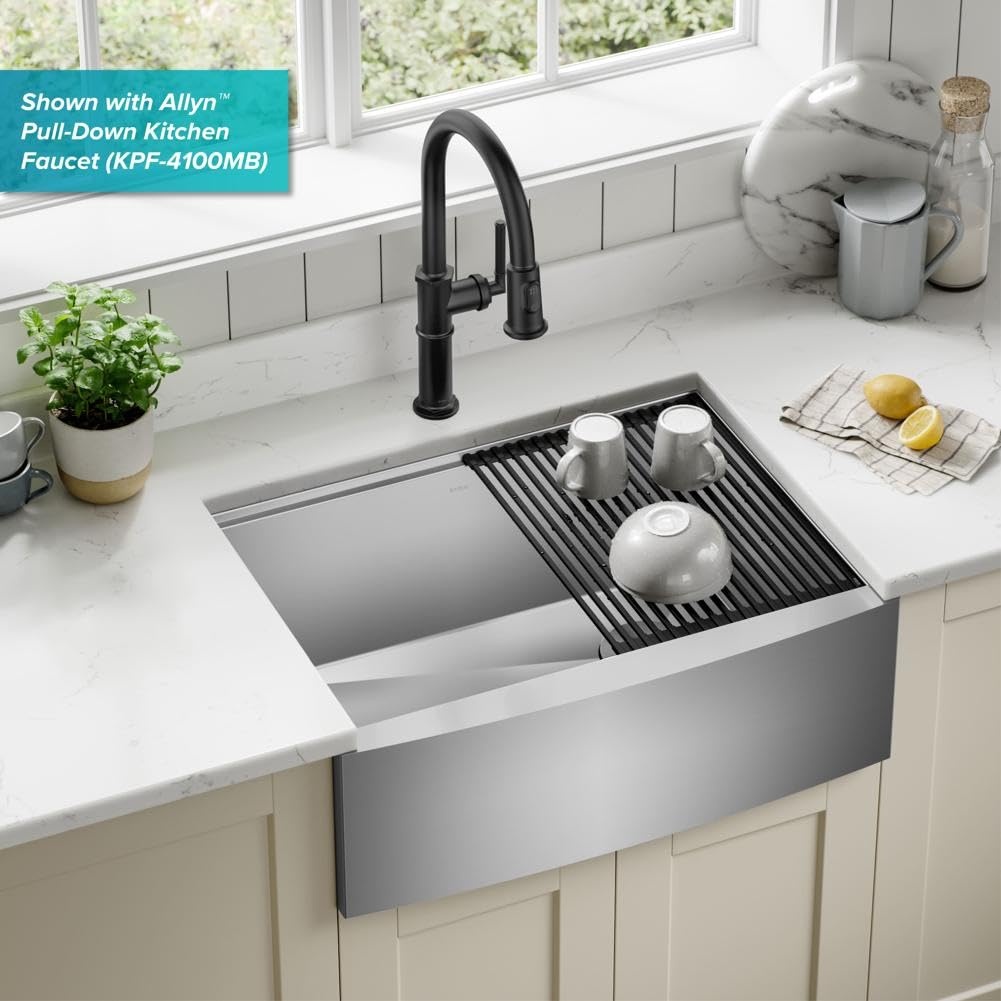 KRAUS Kore KWF210-27 Tablier de ferme en acier inoxydable de calibre 16 avec accessoires 68 cm