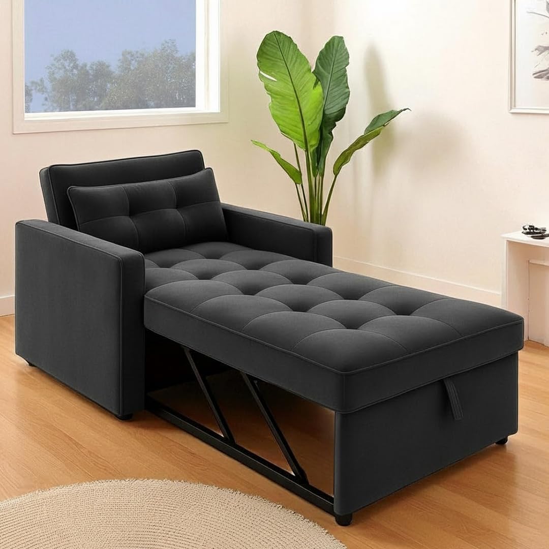 FURNY Tressa 1 Seater Fabric Pull-Out Sofa Cum Bed (Dark Grey) | Premium Velvet Finish | Durable Comfort | Ideal for Living Room FURNY Tressa 1 Seater Fabric Pull-Out Sofa Cum Bed (Dark Grey) | Premium Velvet Finish | Durable Comfort | Ideal for Living Room