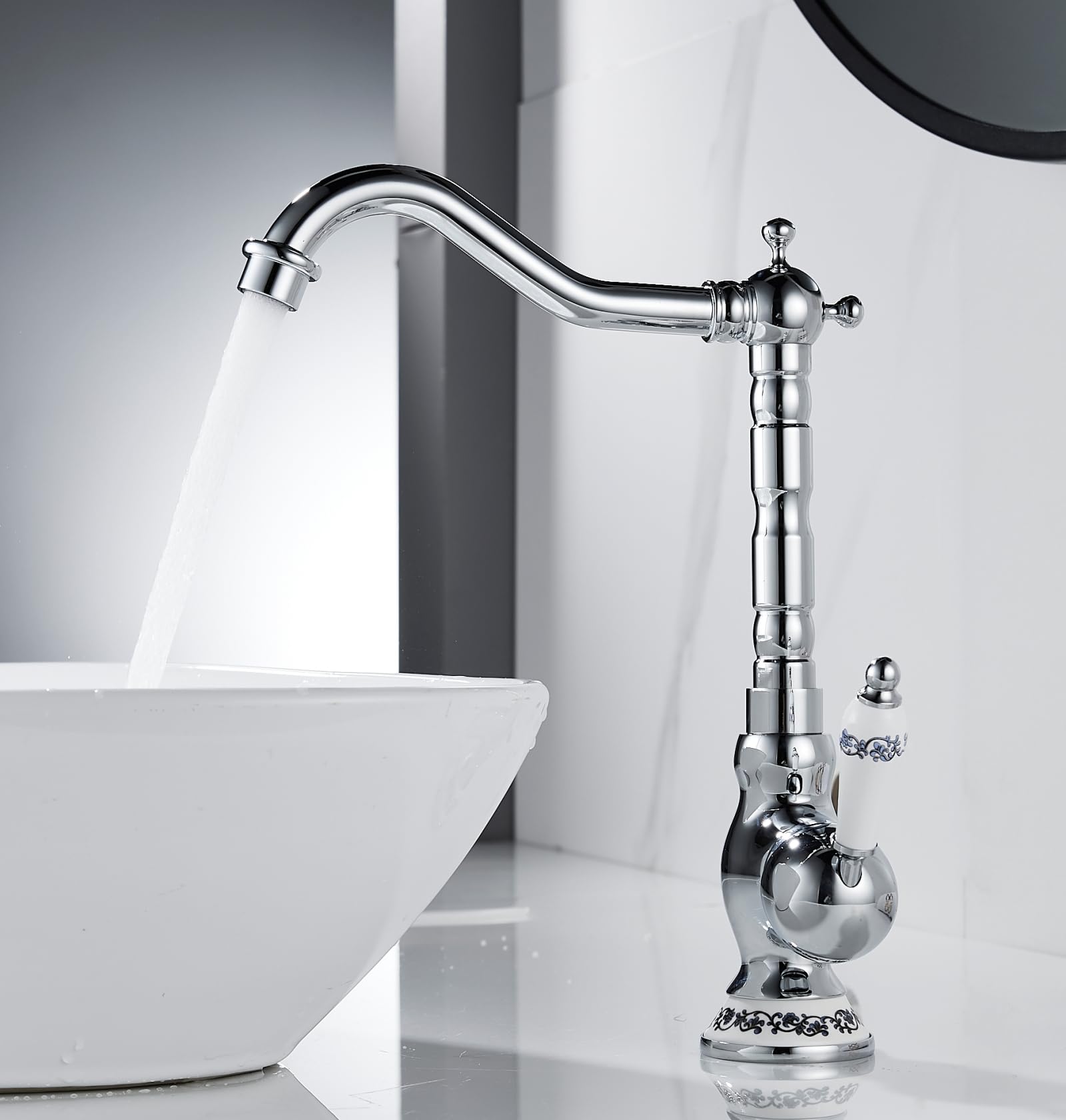Robinet de Lavabo Rétro, Robinet Salle de Bain en Laiton Chromé, Haut Robinet Mitigeur Lavabo pour Lavabo ou Vasque de Salle Bain, Eau Chaude et Froide Disponible