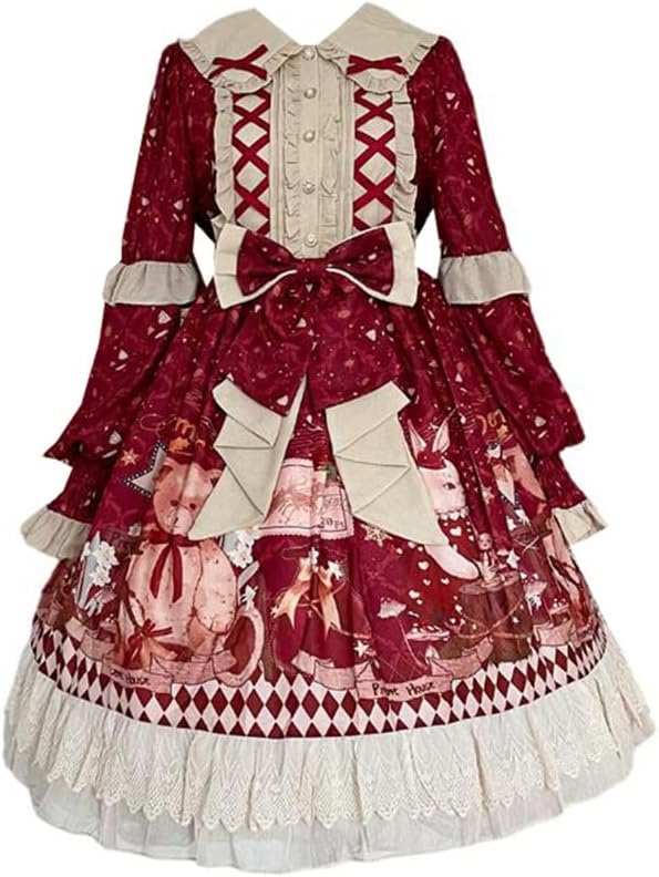 再入荷 【栀】Z20 プレゼント クマ柄 ワンピース op 長袖 赤 ロリータ