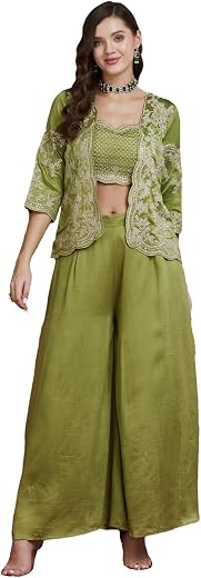 SERONA FABRICS Women's Vichitra Silk Mint Green Three-Piece Suit Set with Jacket, Embroidered Choli and Flared Plazzo