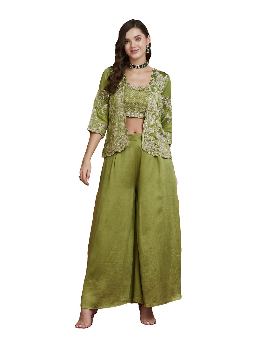 SERONA FABRICS Women's Vichitra Silk Mint Green Three-Piece Suit Set with Jacket, Embroidered Choli and Flared Plazzo - Review, Price and Buying Guide