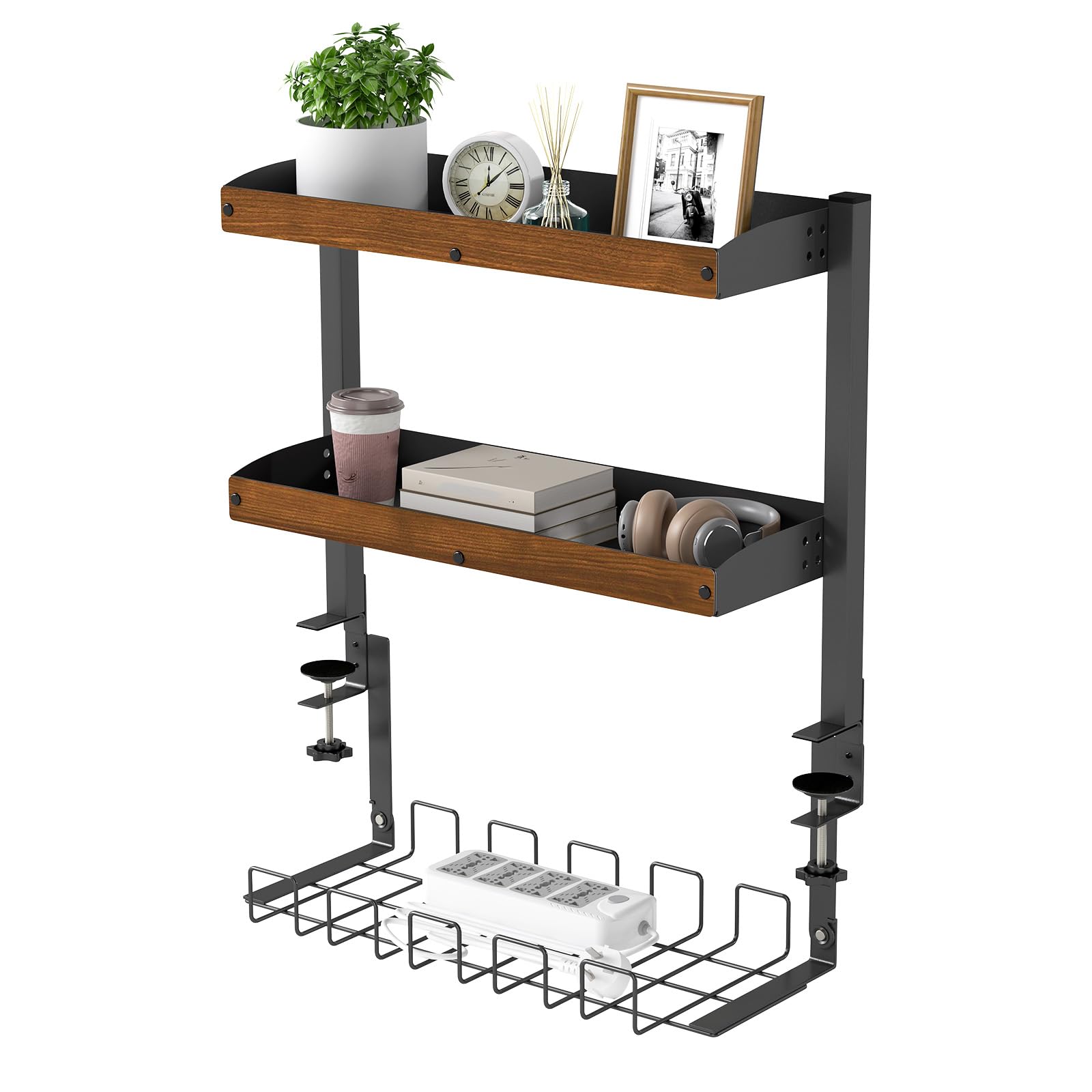 bimiti Organisateur de Bureau à Pince 2 Niveaux 17 Pouces avec Rangement Réglable pour Accessoires de Table Étagère de Bureau à Pince Installer en Haut ou en Bas，44 x 51x 17,5 cm，Marron rétro