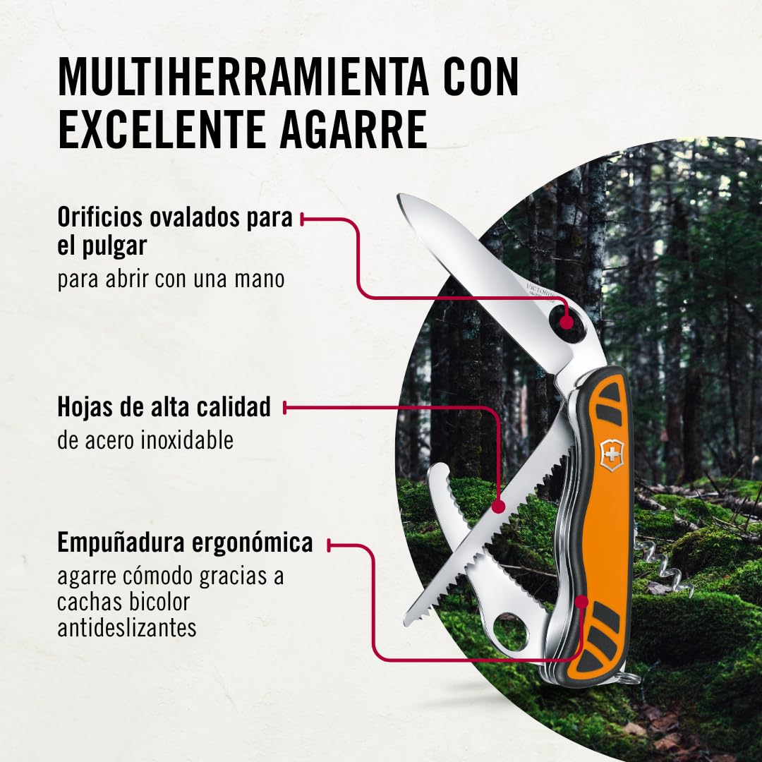 Victorinox Navaja suiza de bolsillo Hunter XT Grip cuchillo de caza plegable, 6 funciones incl. sierra para madera, hoja bloqueable con una mano, naranja/negro