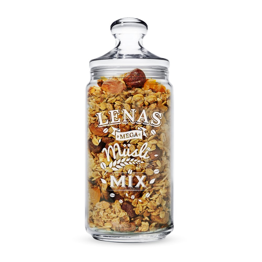 Casa Vivente Müsliglas mit Gravur – Personalisiert mit [NAMEN] – Mega Müsli Mix – Aufbewahrungslas – Behälter für Müsli – Geschenkidee zum Geburtstag