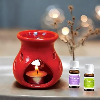 CHAECO Oil Burner Candle Diffuser for Home Fragrance, with 1 T-Light & 2 10 ml Aroma Oil-Fragrance Lemon Grass & Lavender (Red Diffuser Pot)