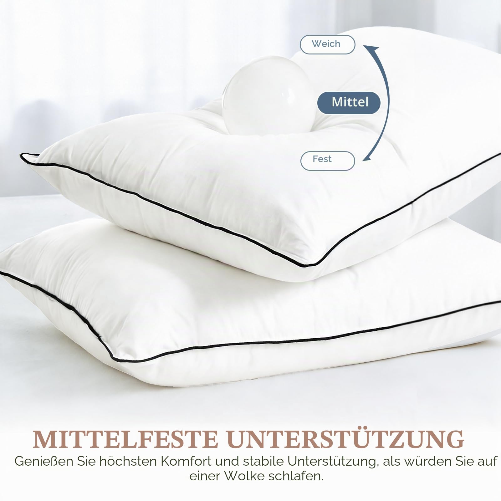 DWR Daunenkissen 80x80 cm (2 Stück) | 3-Kammer Kopfkissen | 90% weiße Gänsedaune Außen | Feder-Mischung Innen | 100% Bio-Baumwollbezug | Mittlere Unterstützung Schlafkissen | RDS und Oeko-TEX
