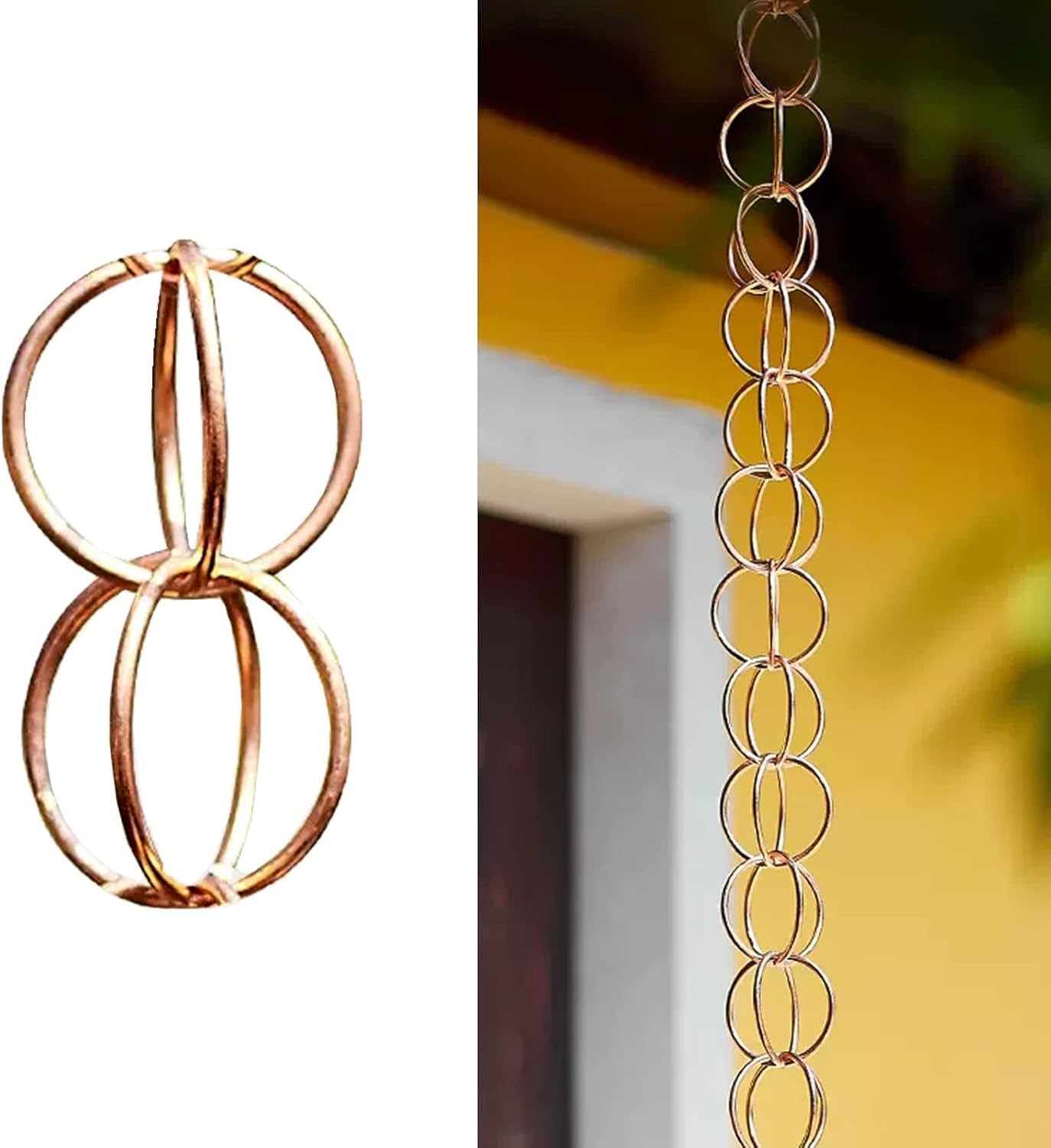 WOTZOV Rain Chain Ring Replacement Downspout For Gutters, Copper Rainwater Chain/Divert Water/Chain Link, Decorative Outside Hanging Rain Chime，260cm (8.5ft)