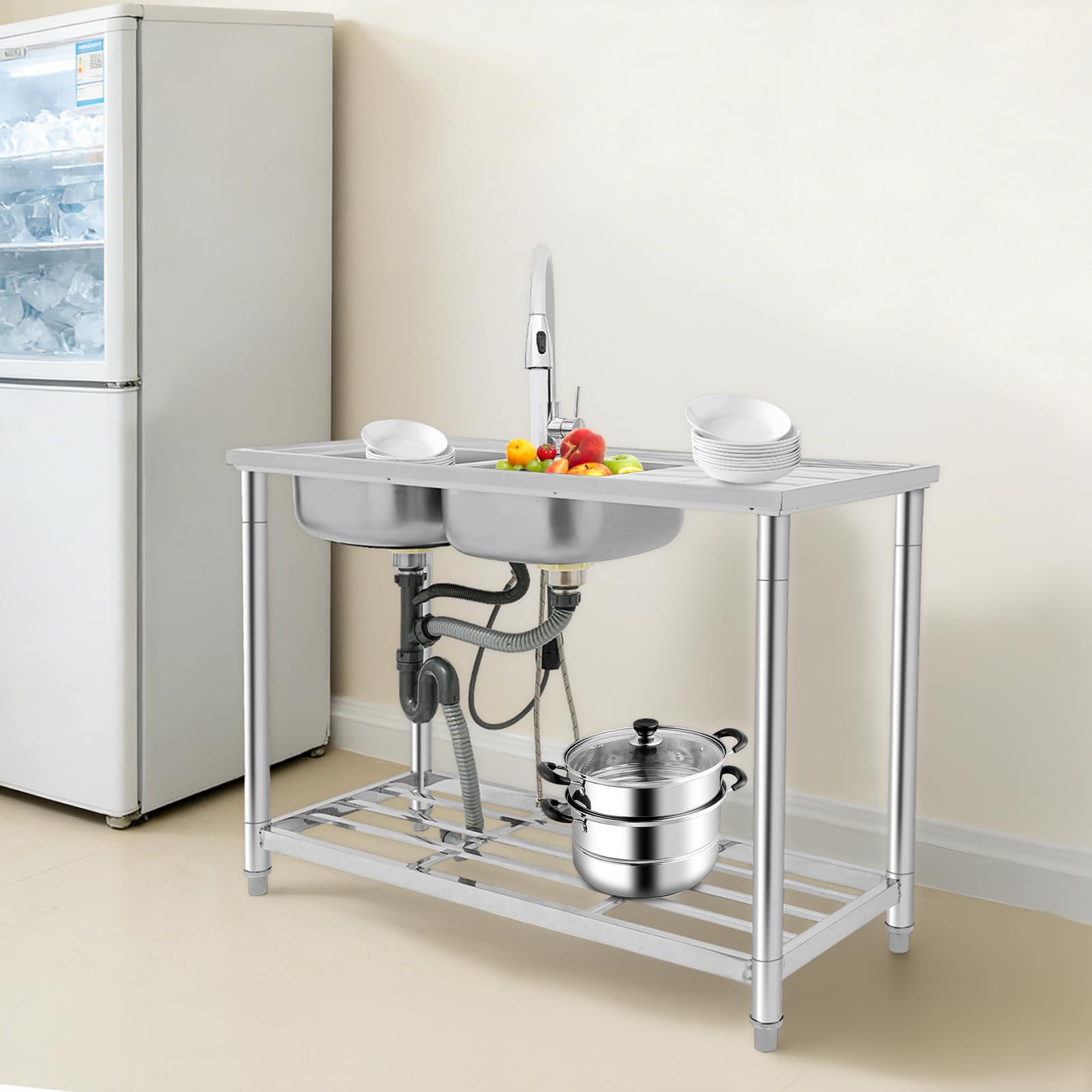 Fregadero de cocina independiente, 120 x 50 x 80 cm, de 2 cámaras, de acero inoxidable, con grifo extensible de 360 ° y lado de estante, patas ajustables para cocina, restaurante, garaje, plateado