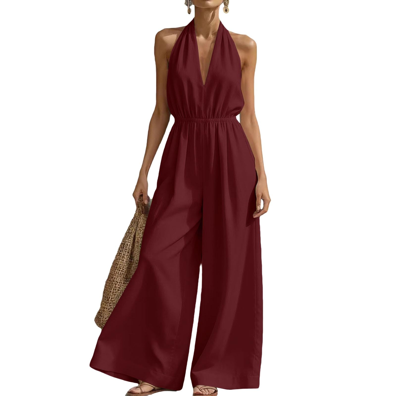 Generisch Tuta da donna elegante per matrimonio, con allacciatura al collo | Tuta con scollo a V, tinta unita, senza maniche, a gamba larga, con tasche, tuta aderente per feste