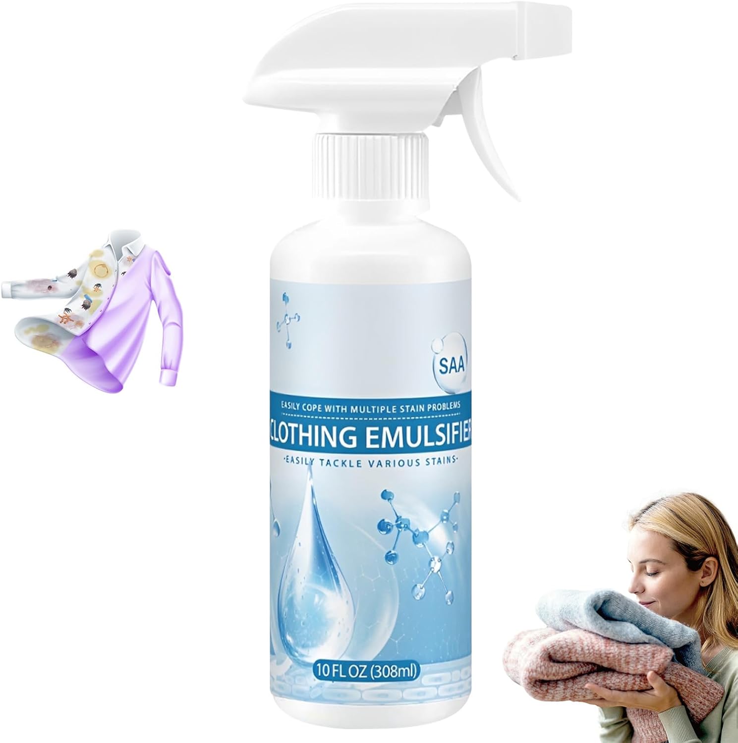 Clothing Emulsifier Stain Remover, Non-Ionic Laundry Pre-Treatment, Stain Remover for Clothes, Portable Dry Cleaning Stain Removal Spray, Active Enzyme Laundry For Clothes (308ML)